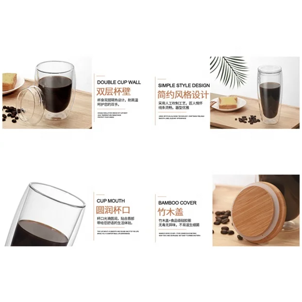 5oz 8oz 12oz 15oz 22oz Double-Walled Borosilicate Glass Glass Lid Cup With Bamboo Lid