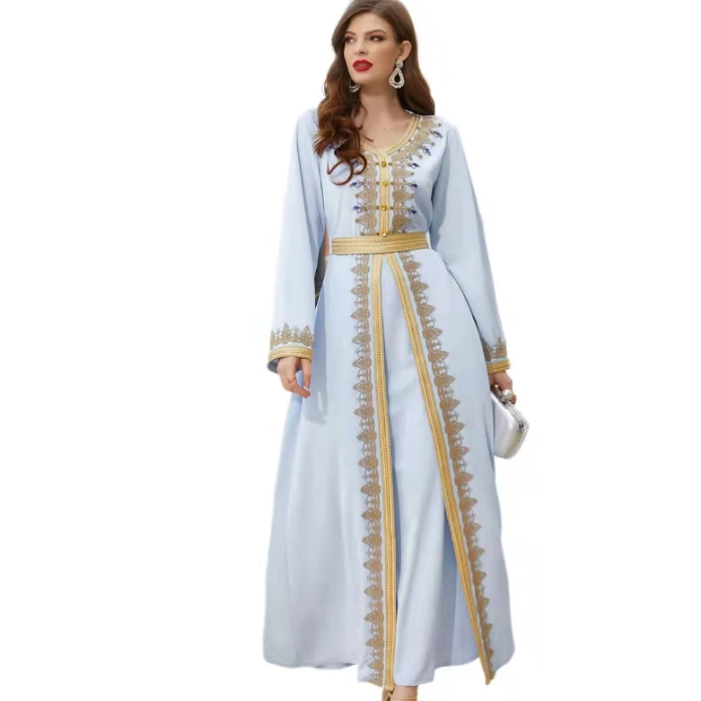 Dubai style Webbing Hand Sewn Drill Long Sleeve Two Piece woman long modest muslim clothing evening dress