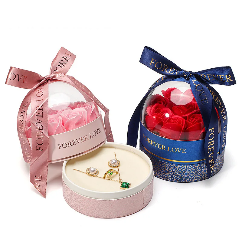 Hot Sale Round Shape Soap Flower Jewelry Box Earrings necklace Jewelry Box With Ribbon