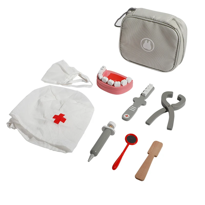 Dentist wholesale Montessori Wooden medical kit doctor hear real heartbeat  play set educational toy