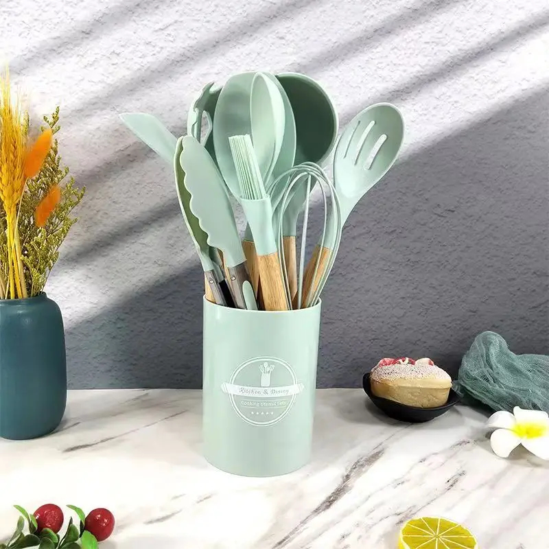 11pcs Silicone Cooking Kitchen Utensils Set, Wooden Handles Cooking Tool BPA Free Non Toxic Silicone Turner Tongs Spatula