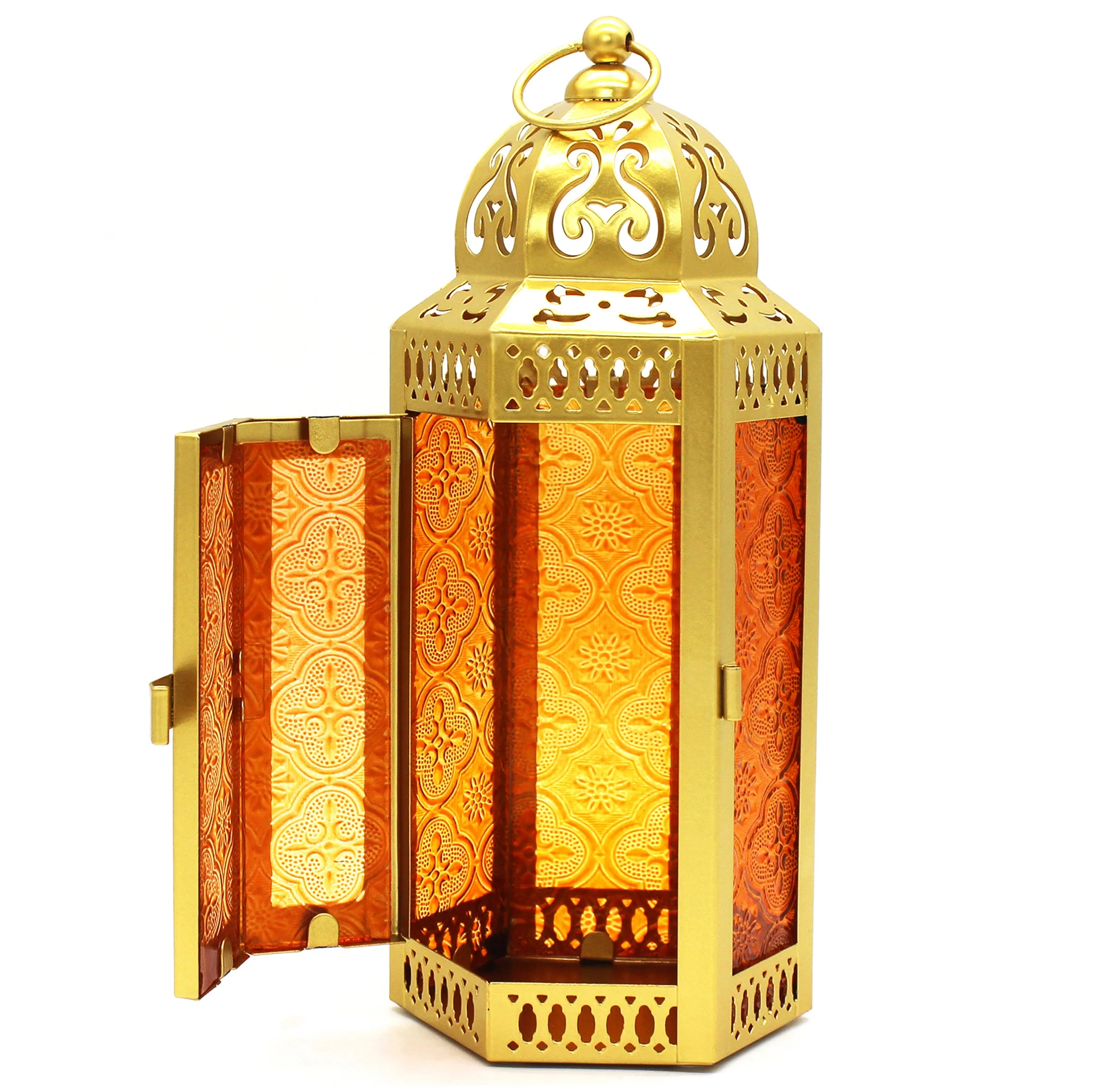 CVHOMEDECO. Decorative Candle Lantern Moroccan Lanterns Vintage Golden Metal Lantern Holder for Home Outdoor Decor. Amber Glass