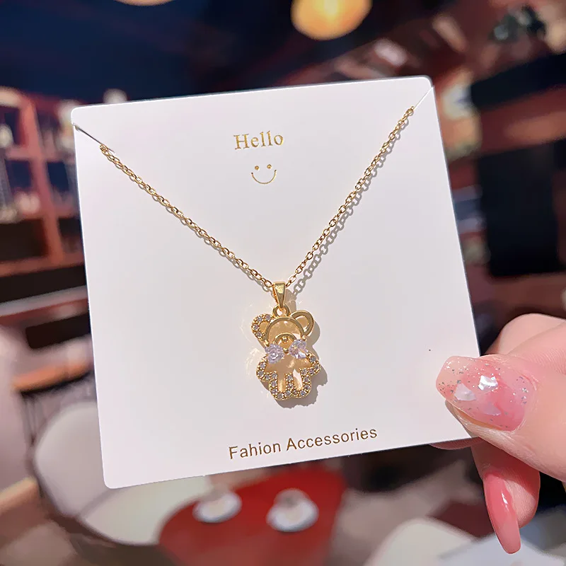 Full Stainless Steel 18k Gold Plated Full Zircon Bear Necklace for Women Clavicle Chain Collar Necklace De Acero Inoxidable