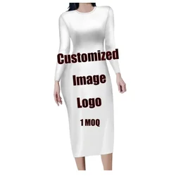 Custom Image Personalized Women Bodycon Midi Sheath Dress Print on Demand O-neck Long Sleeve for Teen Girls Drop shipping