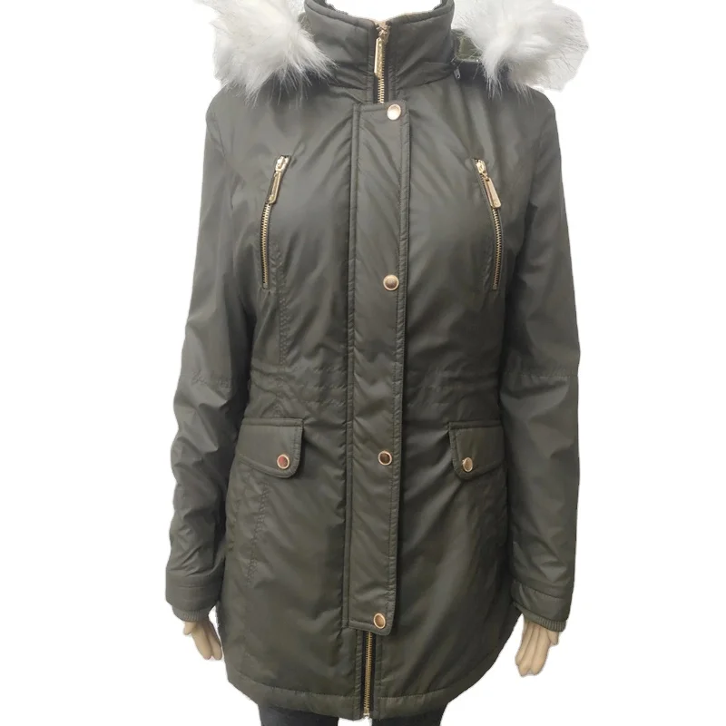 OEM service long parka with fur lining  and hood for lady PU jacket