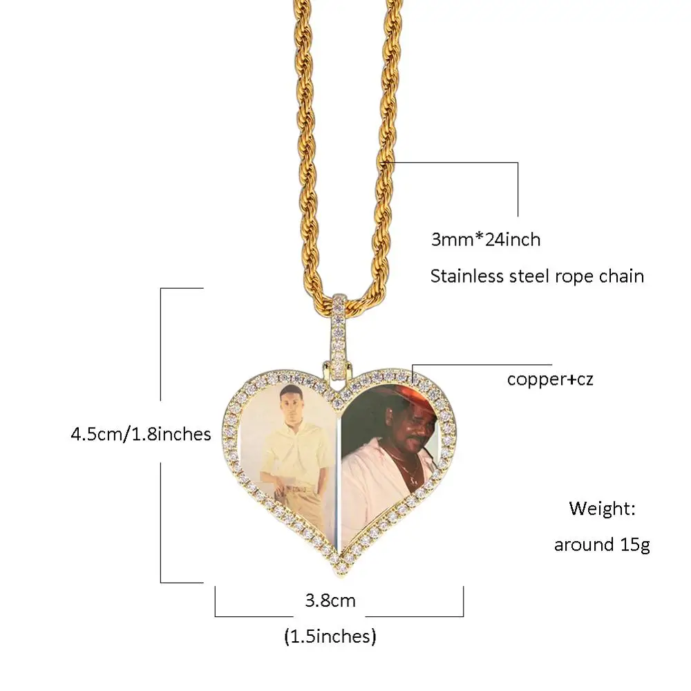 
Custom HipHop Photo Heart Shape Pendant Memory Picture Pendant Rope Chain Necklace Wholesale Rapper Jewelry 