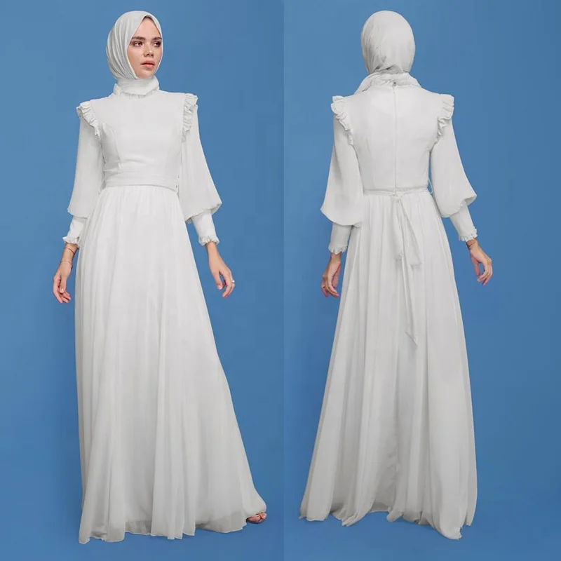 Custom design round collar gathers white balloon sleeve belted chiffon modest solid color muslim women hijab dress
