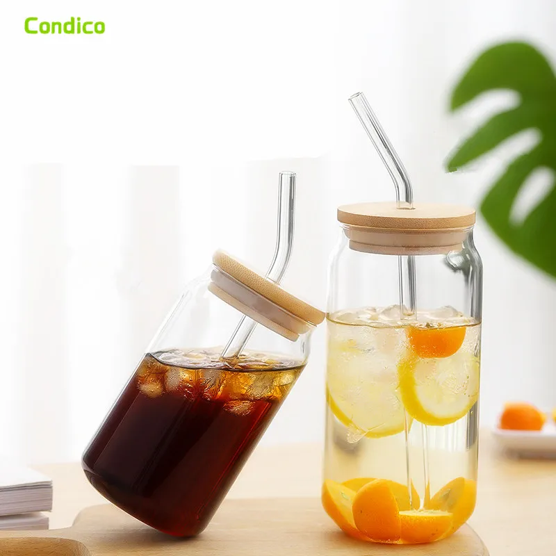 Condico Borosilicate Glass Mug Creative Can Shape Tea Juice Milk Coffee Wine Cup Cola  Handmade Can With Bamboo Lid And Straw
