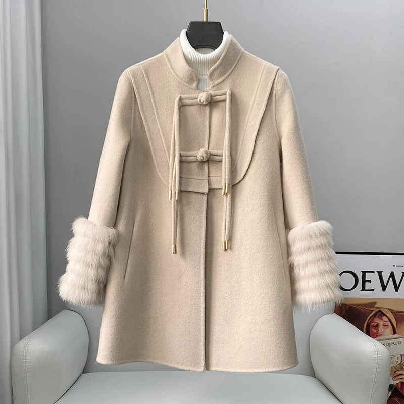 PUDI New Design Genuine Wool Overcoat With Fashion Chinese Style Fox Fur Cuff Winter Jacket CT273