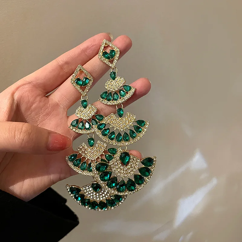 925 Silver Needle Set Diamond Crystal Fan long Earrings Fashion Palace Style Design Earrings for Women