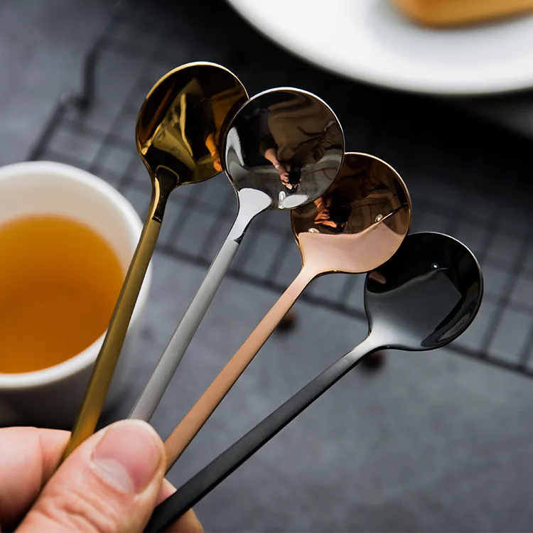 Coffee Spoon Stainless Steel Round Head Long Handle Ice Cream Stirring Dessert Honey Mixing Spoon Kitchen Tableware Decoration