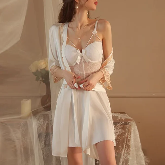 Custom Mature Womens White Sexy Underwear Camisole Nightwear 2 Pieces Short Sexy Bride Sheer Babydoll Lingerie Nightgowns Women