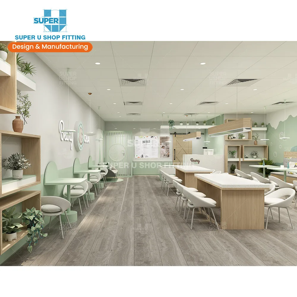 Trendy Milk Tea Store Fixtures Decoration Custom Coffee Retail Bubble Tea Shop Interior Design 3D for Boba