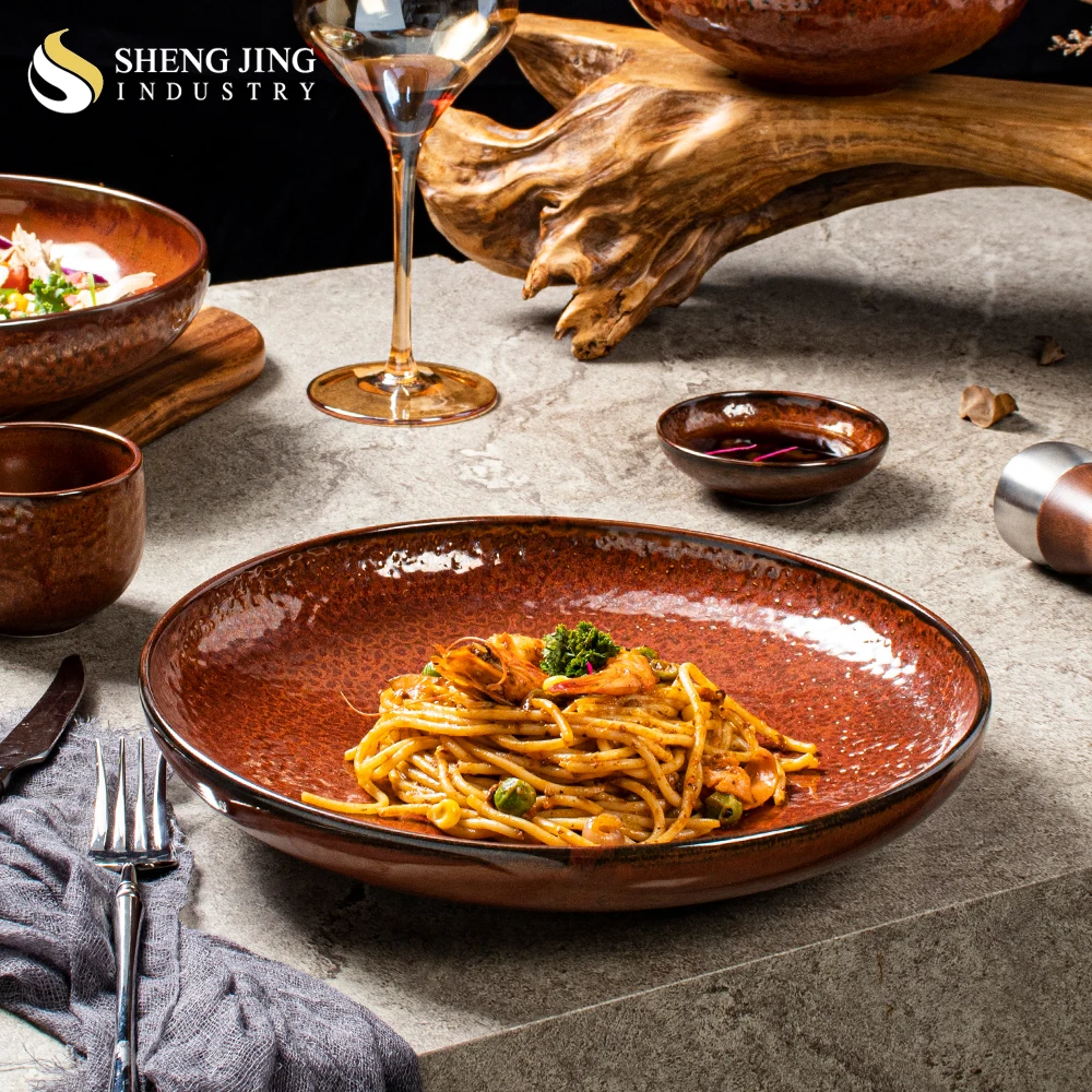 New European Hammered Restaurant Tableware Ceramic Steak Spaghetti Round Deep Dish Hotel Red Glaze Porcelain Serving Tray