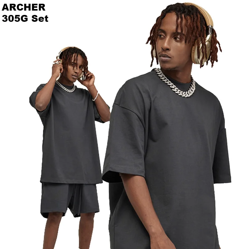 2023 Archer new set Streetwear Washed Distressed Unisex Mens Summer 2 Piece Men Tshirt And Shorts Set
