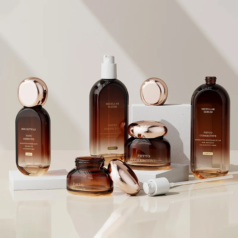 Empty 30 50ml Cream Cosmetic Containers Set Glass Lotion Jar Serum Pump Bottle Luxury Flat Square Skincare Packaging Set