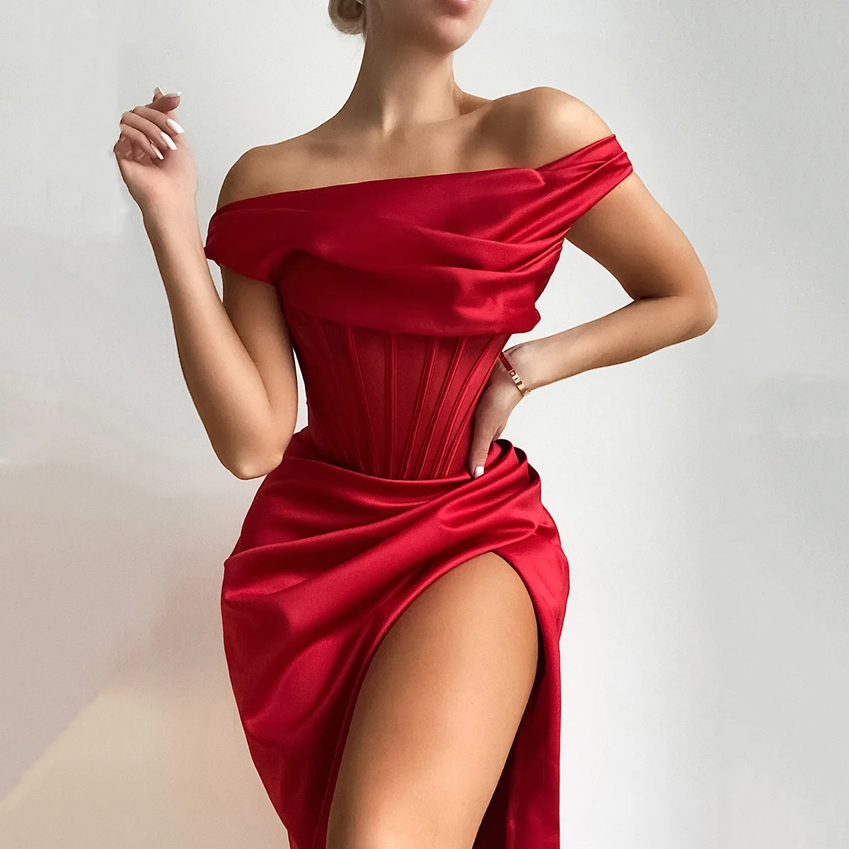 Hot selling side split dress sexy one side shoulder fishbone party christmas dresses for women clothes