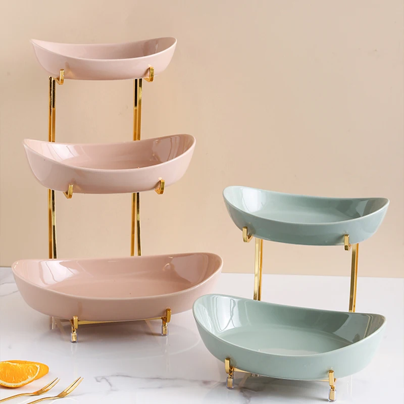 OSBORN Coffee shop Three Tier ceramics Standing Snack fruit Dish plates with Gold Rack