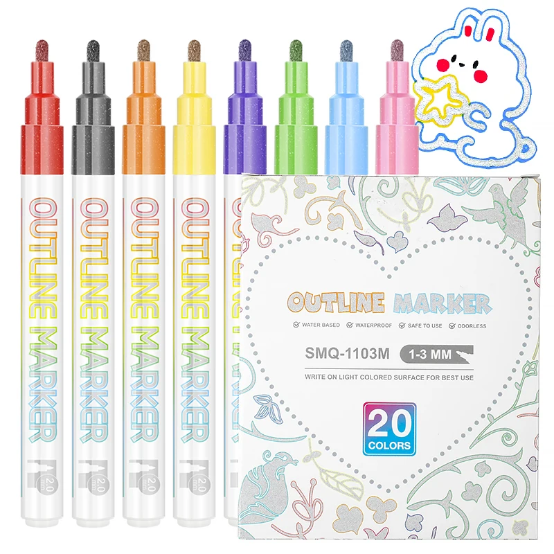 Customized Logo 20 Colors Silver double line marker pen set Metallic Outline Marker Pen