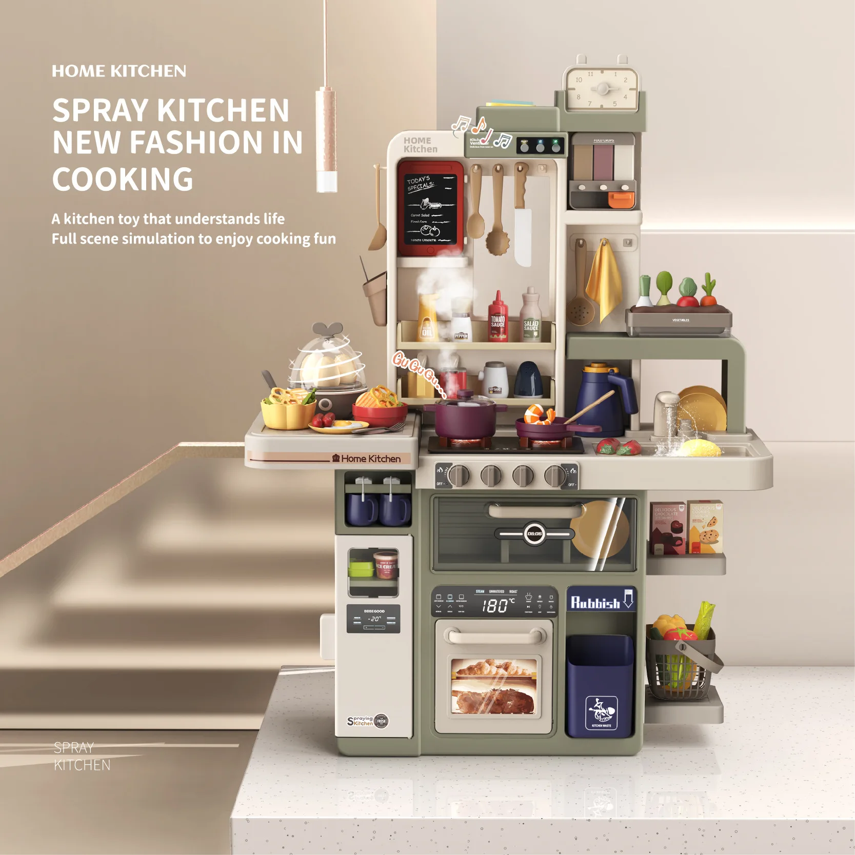 93.5cm 88PCS European Pretend Play Kitchen Toys Cooking with light music water egg steamer Plastic Kids Kitchen Set For Kids Toy