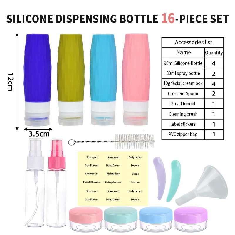 16 Pack Leak Proof Silicone Travel Bottles Set TSA Approved Containers for Toiletries Travel Size Accessories with Toiletry Bag