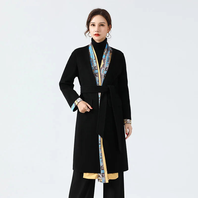 
GUNV Products Trench Coat woman clothes And Hemp Hooded And Cashmere Coats Geometric Patchwork Hooded Fleece Jacket 