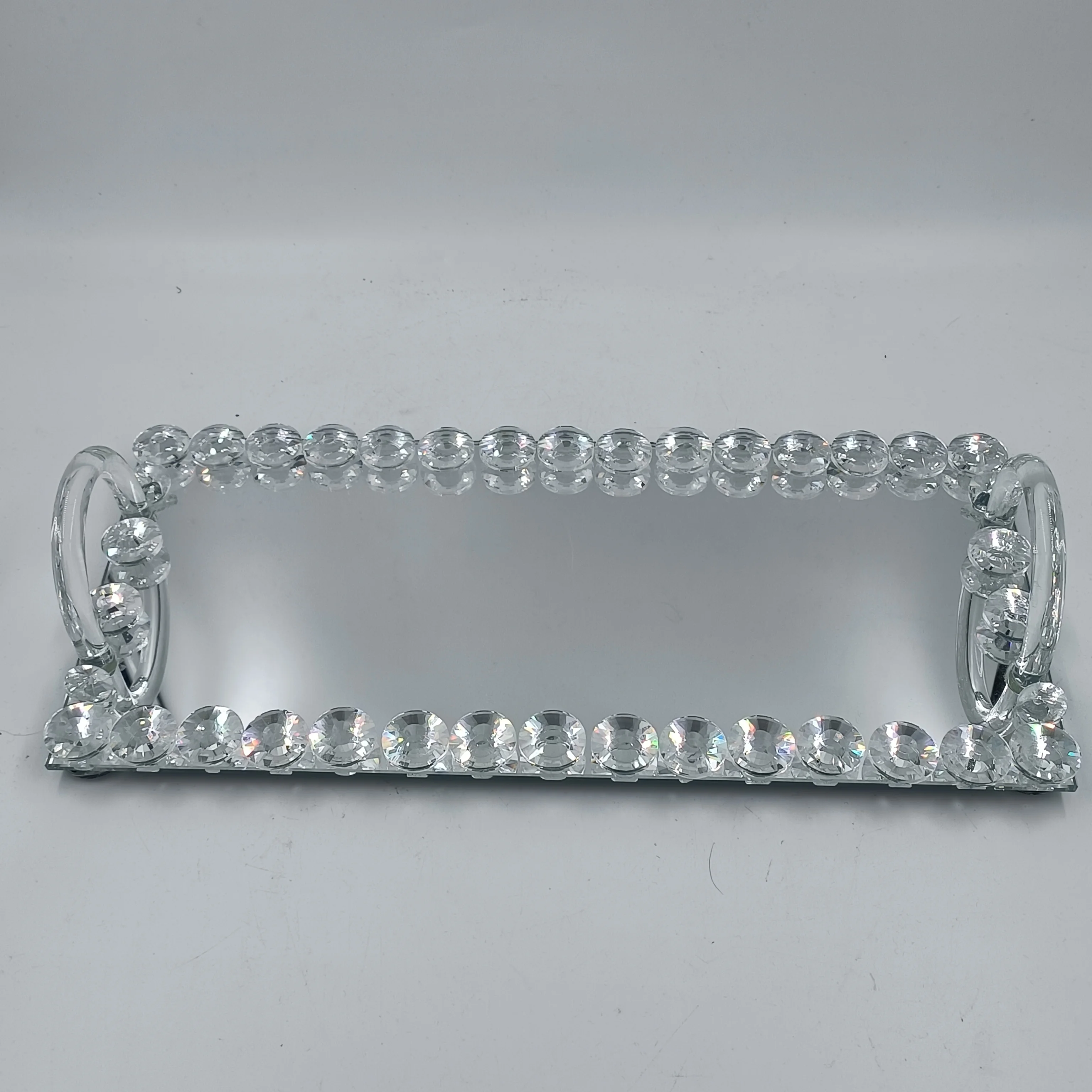 FOSUN glass tray with gold rim big size trays for food sweet cake transparent handle silver dishes display crystal tray