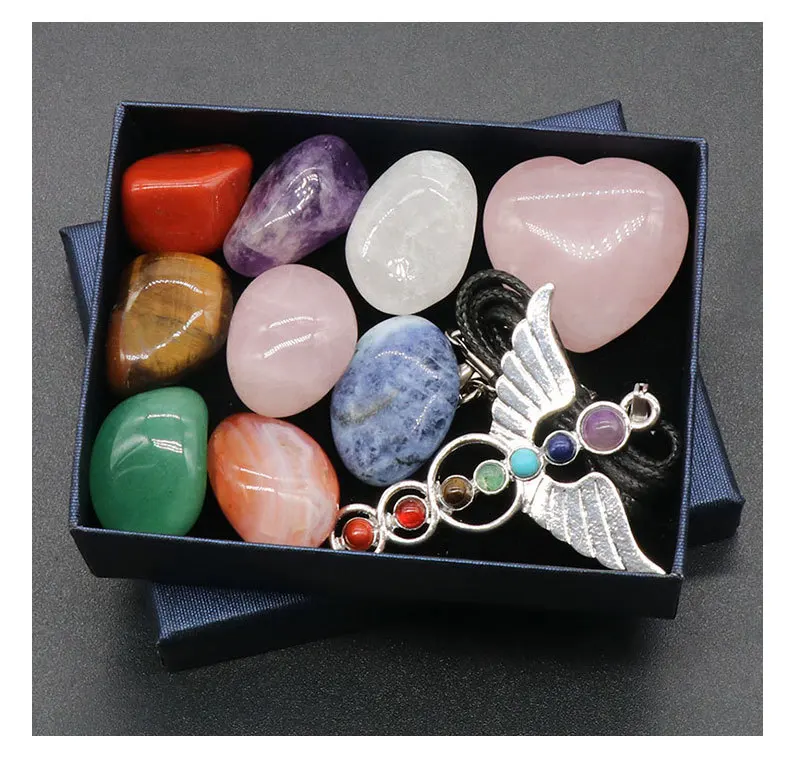 2022 Hot Selling Crystal angel necklace Collection Chakra tumbled polished Stones Set gift box Reiki for Meditation or Ritual