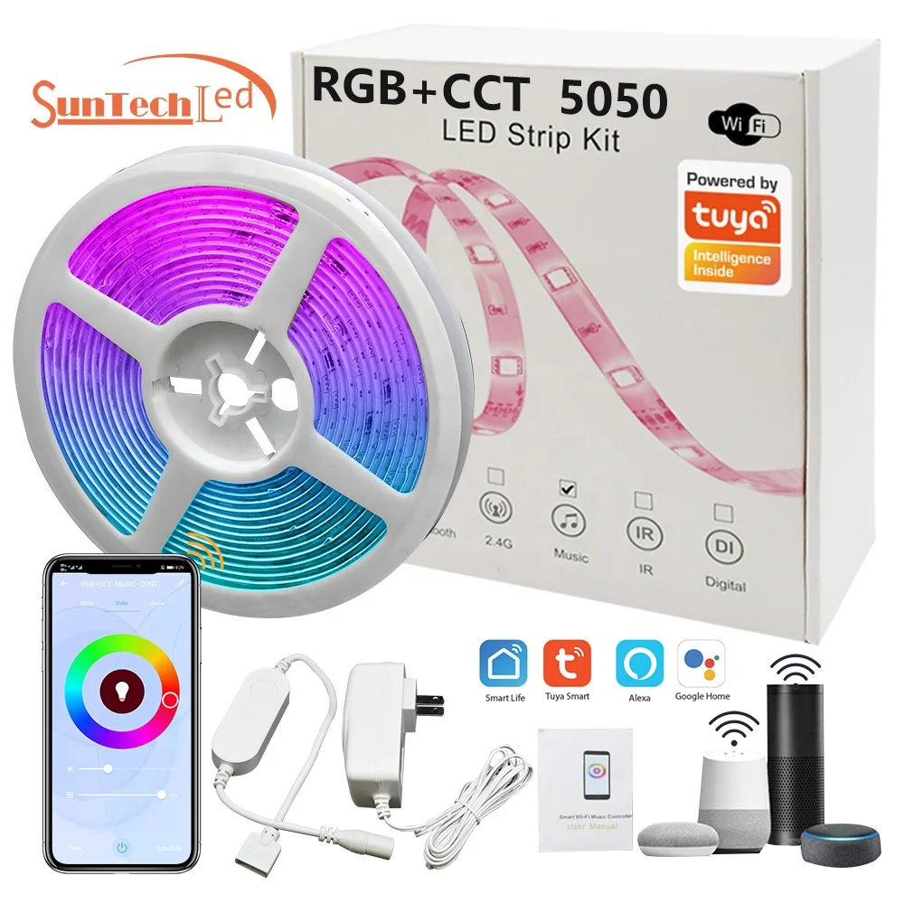 Клубный бар для украшения дома отеля Tuya rgb cct SMD 5050 умная Wifi Светодиодная лента комплект голосового управления 5 м IP65 с пультом дистанционного управления