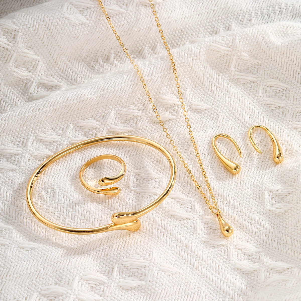 KISSWIFE Adjustable Elegant Water Drop Jewelry Set Alloy Necklace Bracelet Earrings Ring Set for Women