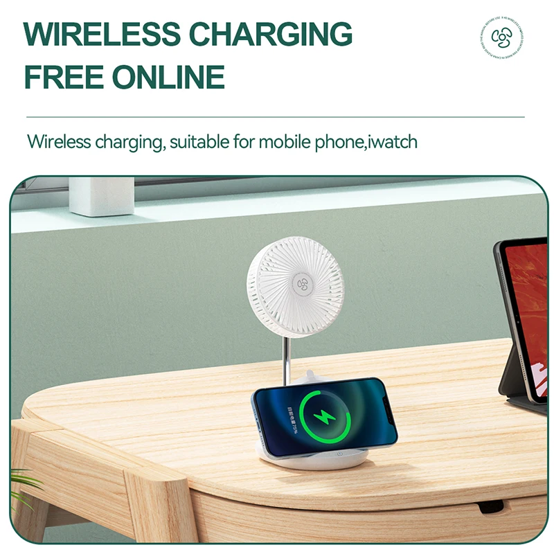 Standing Desk Fan with 15W Wireless Charger Certified Desk Quiet Fan Rechargeable 3 Speed Touch Switch Fan for Bedroom