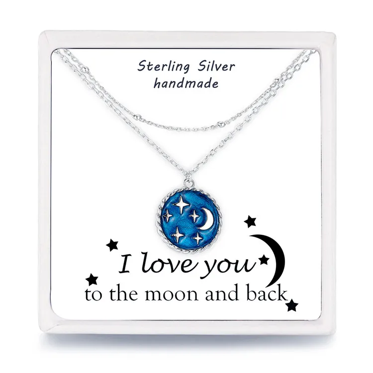 Custom Unique Designs Qings 925 Blue I Love You To The Moon And Back Sterling Silver Moon And Star Necklace For Girls