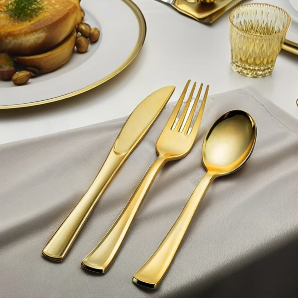 Wholesale Plastic Cutlery Set Plastic Gold Plate Nice Party Gold Flatware