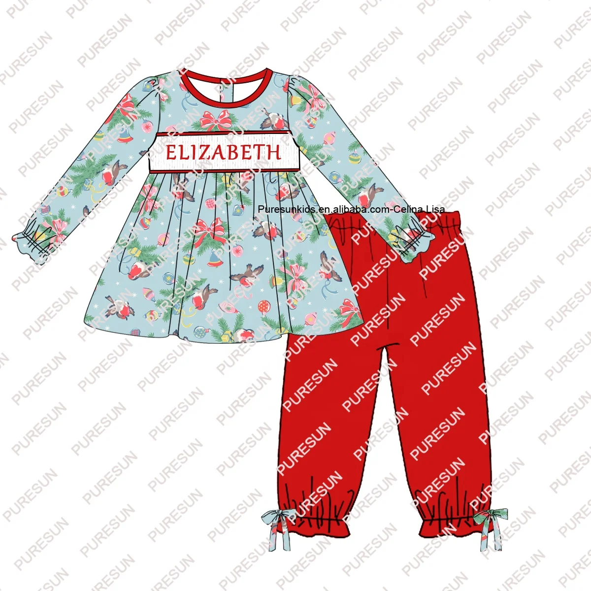 2023  baby girls boys clothing collection name embroidery smock Christmas ornaments print toddler girl outfit