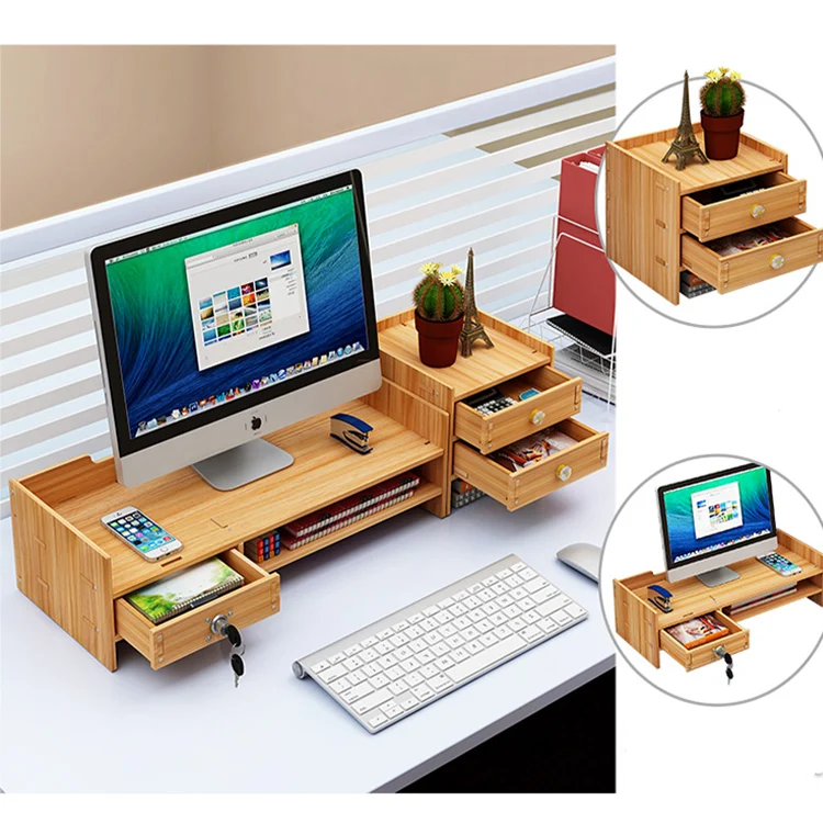 
Adjustable Wood Monitor Stand Riser with 3 Storage Drawers, Bamboo Monitor Riser for Computer, Laptop, Printer, Desk Organizer 