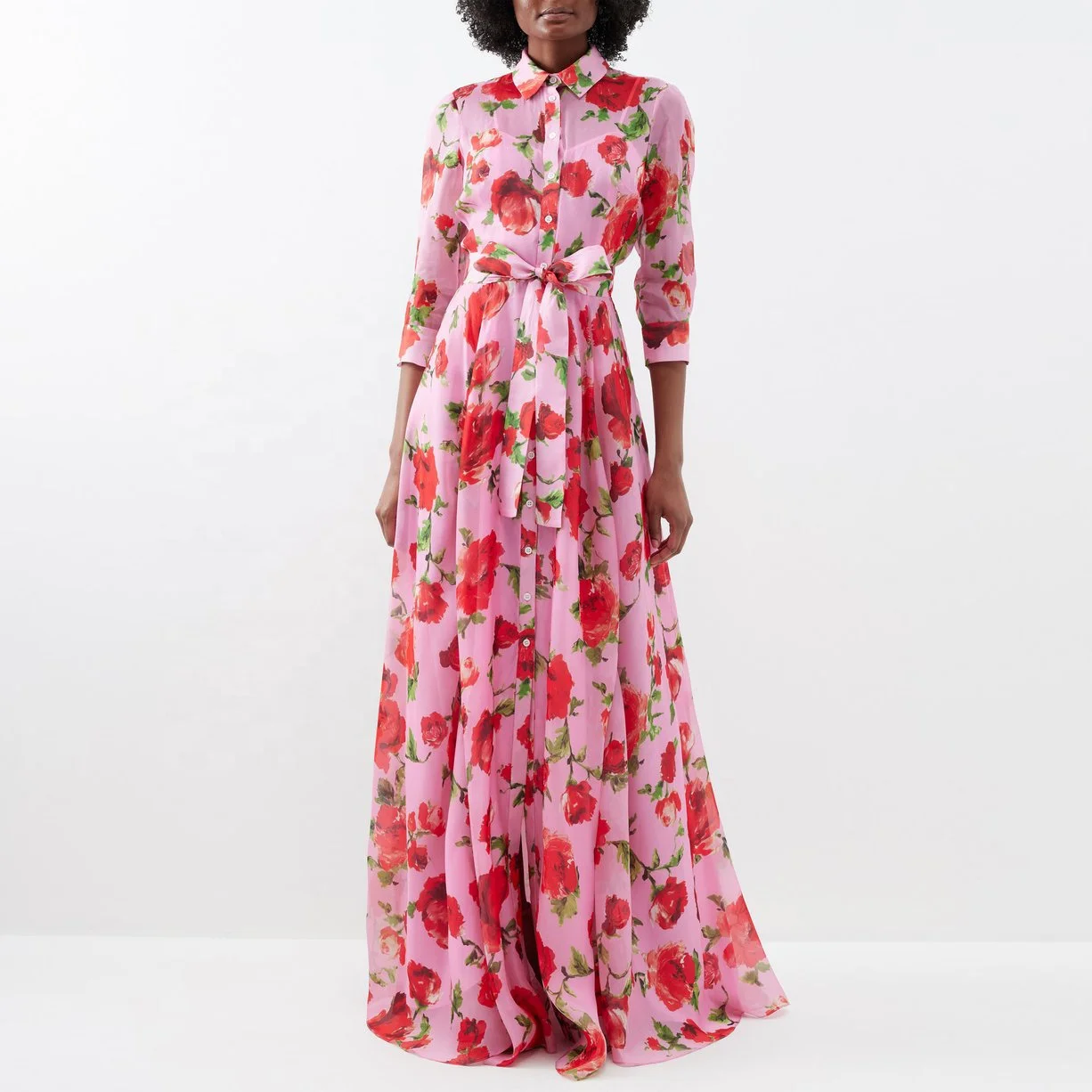 Manufacture Factory Elegant Button Front Tie Belt Mistress Rose-print Maxi Shirt Dress Plus Size Pink Cocktail Dresses Women