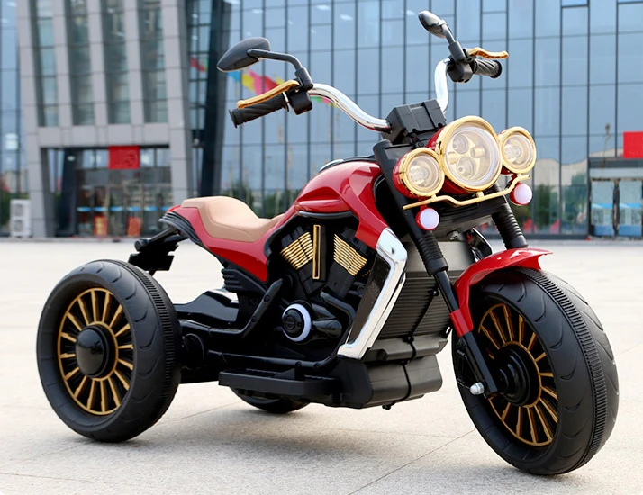 Customizable boys and girls can ride on a large Harley electric scooter that has three wheels and can be filled