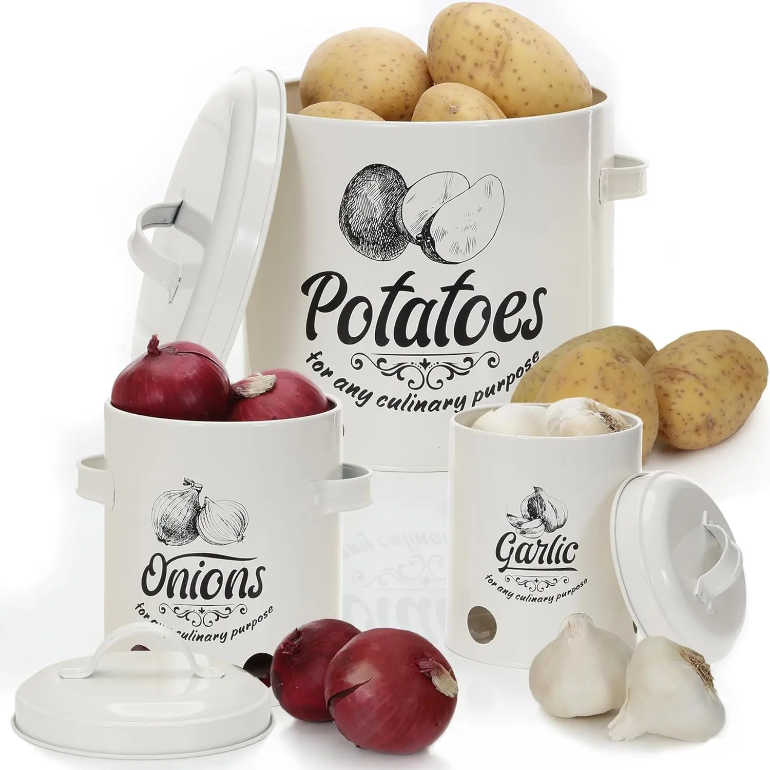 Potato and Onion Storage Bin with Garlic Holder - 3 Containers - Vegetable Keeper for Potatoes, Onions, Garlic