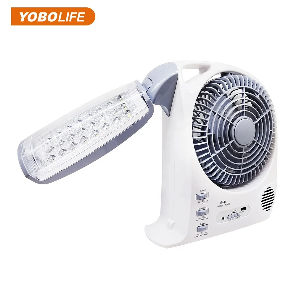 Small Outdoor 8 Inch Emergency Oscillating Rechargeable  Portable Solar Electric Fan FM Radio Speaker with Led Table lamp