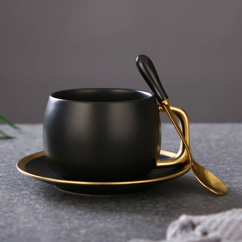 custom logo nordic 280ml porcelain tea cup Pot belly matte gild black gold mug ceramic coffee cup saucer set with spoon