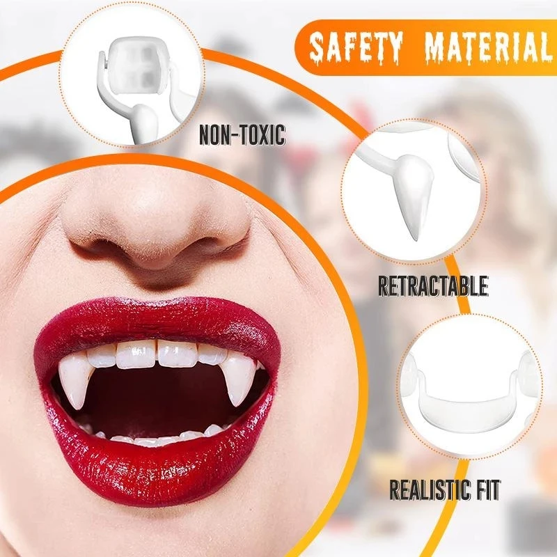 Halloween Decoration Vampire Teeth Retractable Zombie Safety Soft Silicone Fangs Horror Bloody Party