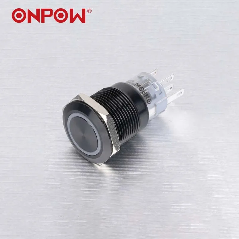ONPOW 19mm push button LAS1AGQ-22E/B/12V/A black color 2NO2NC momentary ring illuminated  push button switch