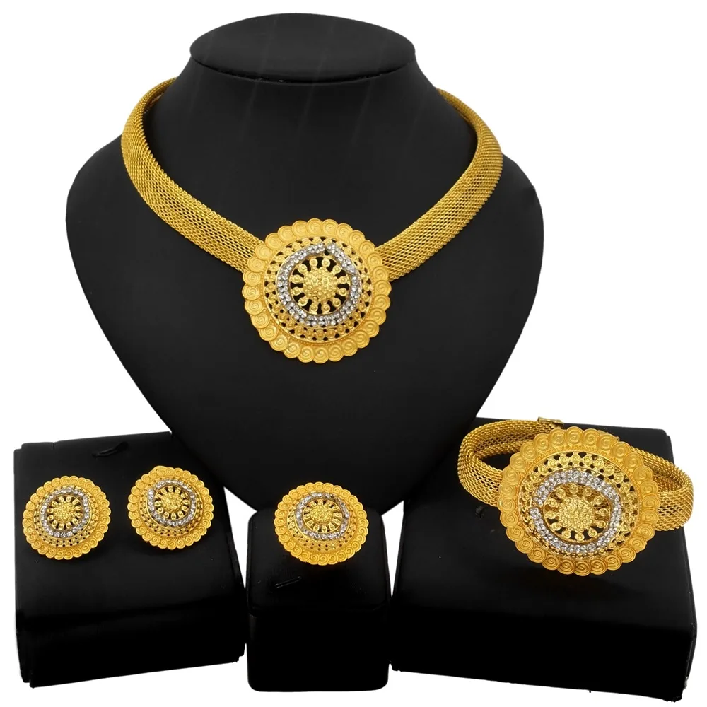 2021 Luxury new gold plated flower zirconia jewelry sets necklace earrings ring brazilian gold jewelry set bangle