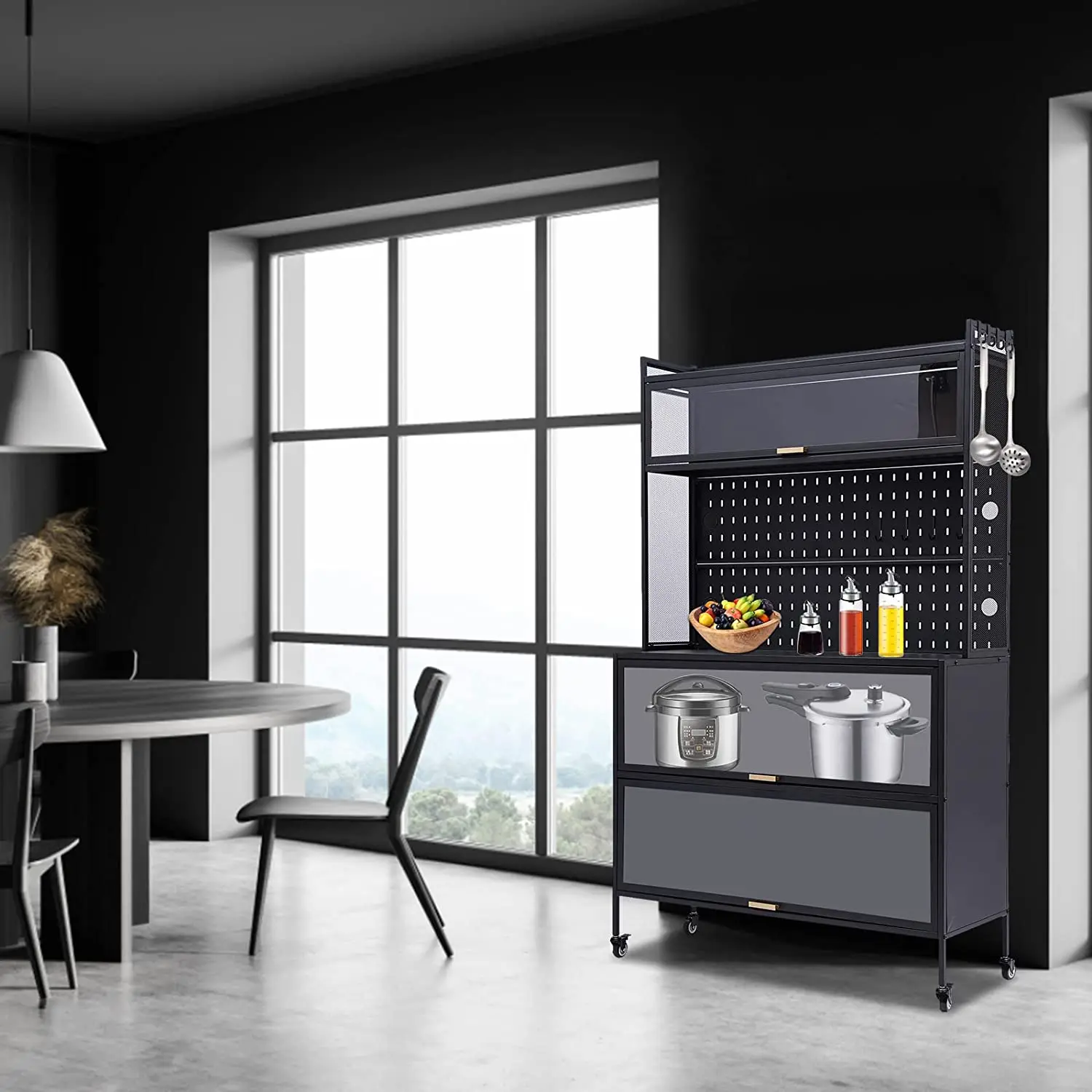 Metal Storage Cabinet, Multifunctional Garage Closet with Doors, Garage Cabinet with 4 Braked Wheels