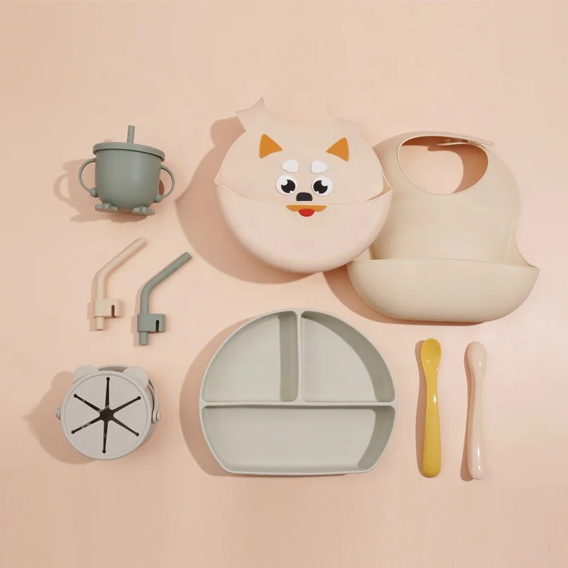 Washable Cute Cartoon Animal Newborn Feeding Set Baby Dishes Silicon Suction Bib Bear Ear Shape Bowl Silicone Bear Plate