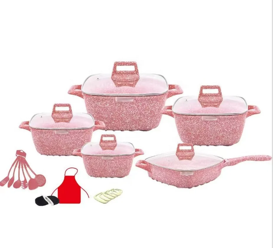 hot selling 25pcs square aluminum alloy ceramic marble decoration non-stick kitchen pot ware