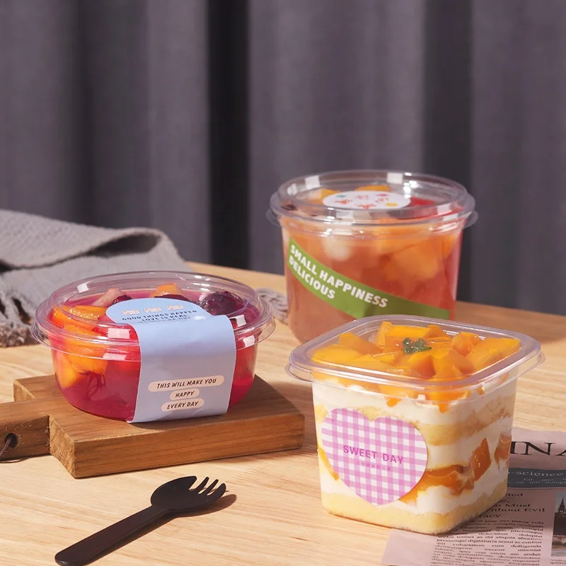 Disposable Round Apple Fruit Plastic Box with Lid Food packing Dessert Bowl With Different Stickers