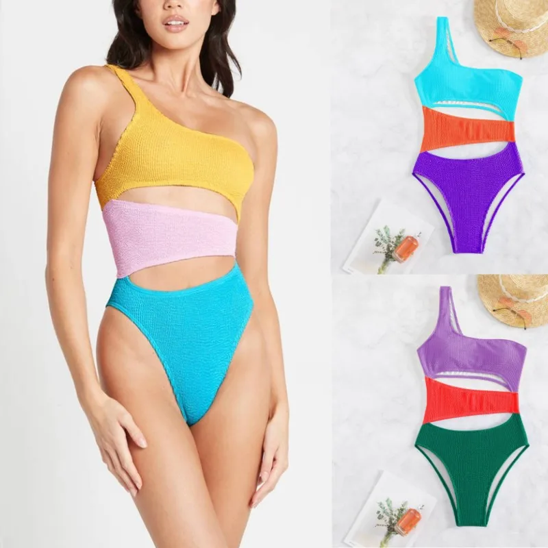 2023 Swimsuit Suppliers One Shoulder Off Luxury Monokini Swimwear Women Create Your Own Swim Wear Patchwork Cut Out Swim Suit