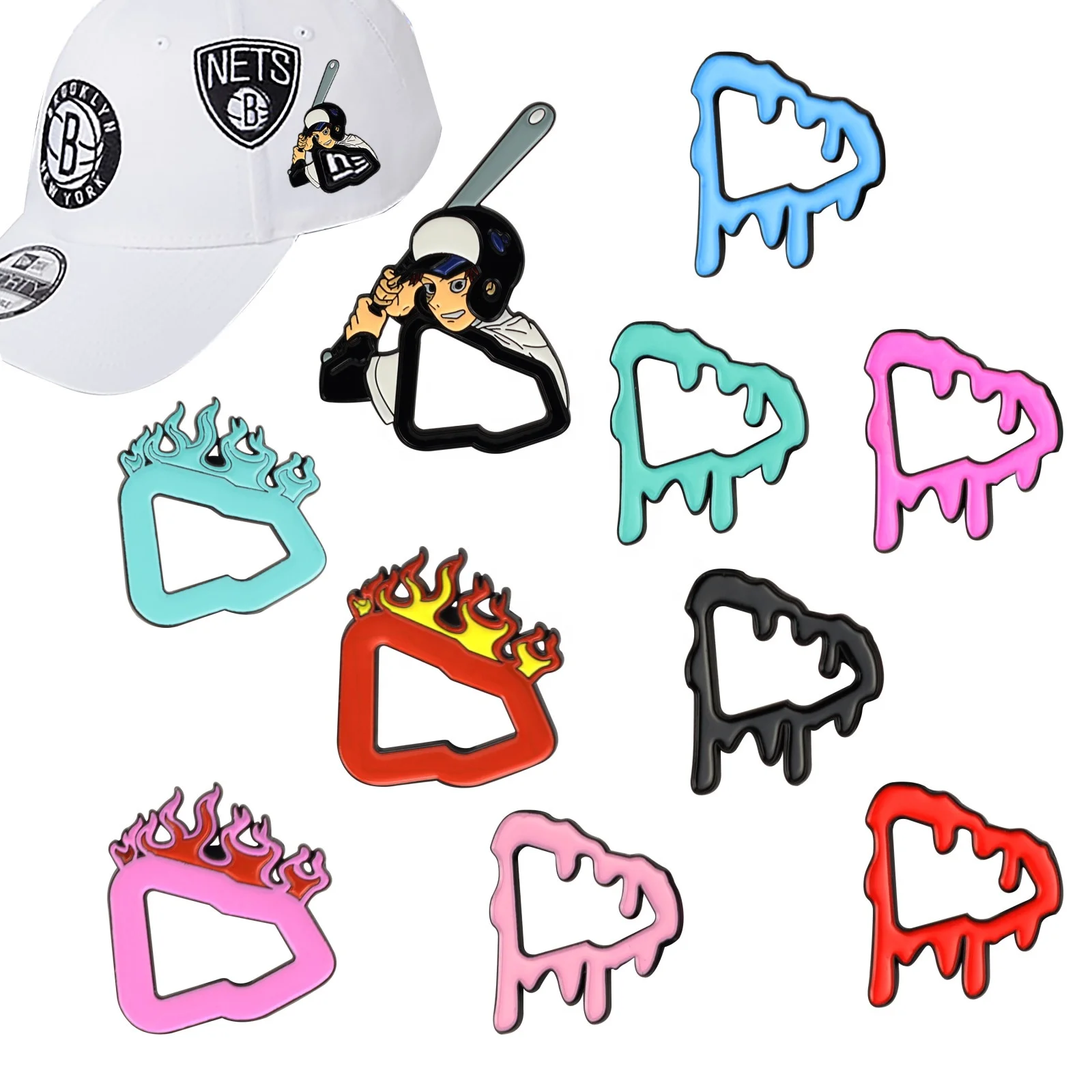 Custom Hot Sale Flame Border Fitted Hat Pins Rhinestone Blood shape Pins hip hop hat pin badge