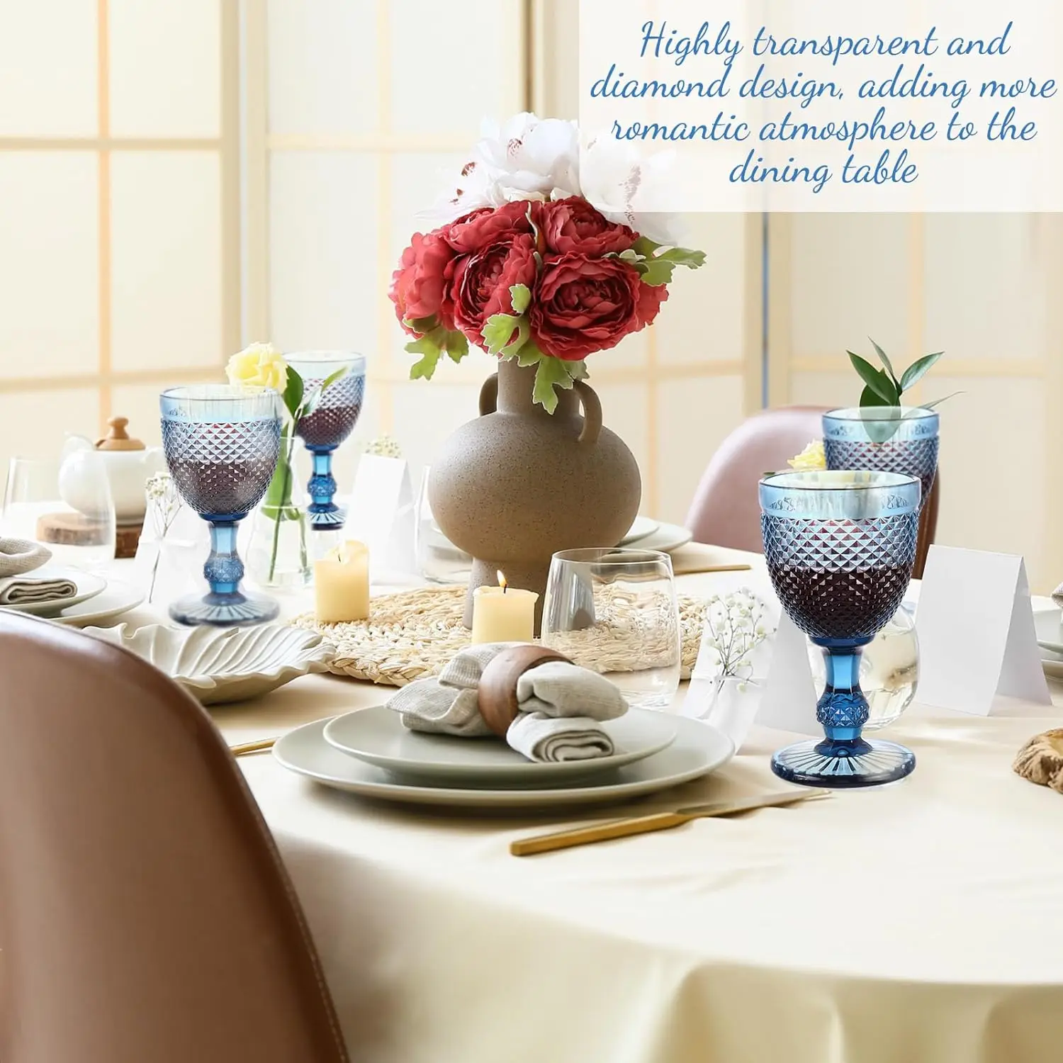 Blue 10 oz Vintage Red Wine Glass Goblets With Embossed Diamond Design for Juice Liquor Party Wedding Bar